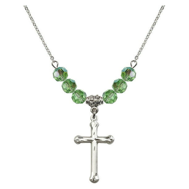 Bonyak Jewelry 18 Inch Rhodium Plated Necklace w/ 6mm Green August Birth Month Stone Beads and Footprints/Cross Charm Bonyak Jewelry 18 Inch Rhodium Plated Necklace w/ 6mm Green August Birth Month Stone Beads and Footprints/Cross Charm